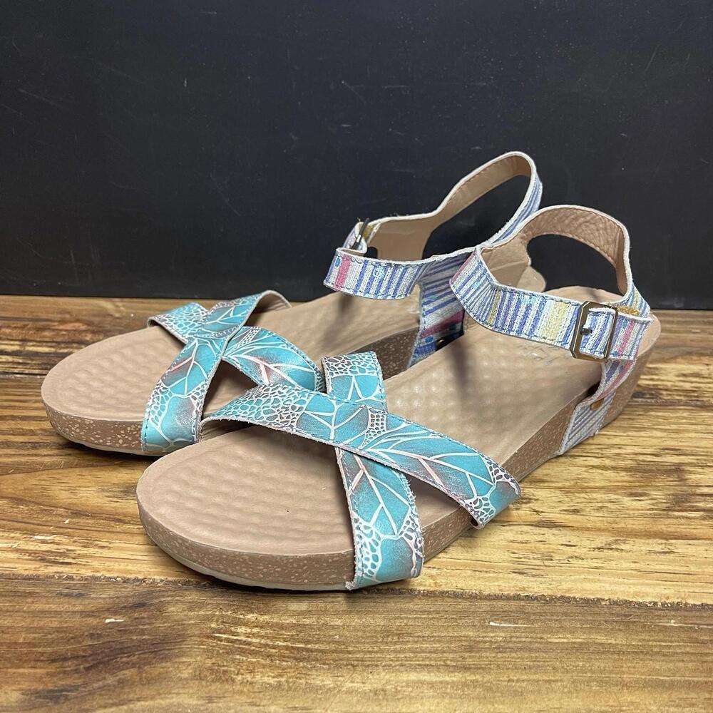 L'Artiste by Spring Step Women' Leather Vella Comfort Wedge Sandals Blue Size 41 - Picture 1 of 7